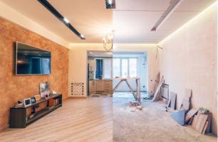 Før og etter oppussing av bolig utført av BM Bygg AS som viser komplett totalrenovering