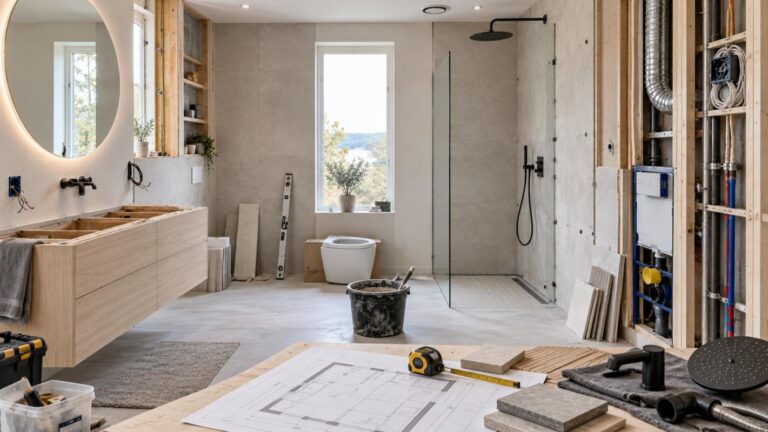 Pusse opp bad med moderne baderomsdesign, flislegging, rørarbeid og pågående totalrenovering.