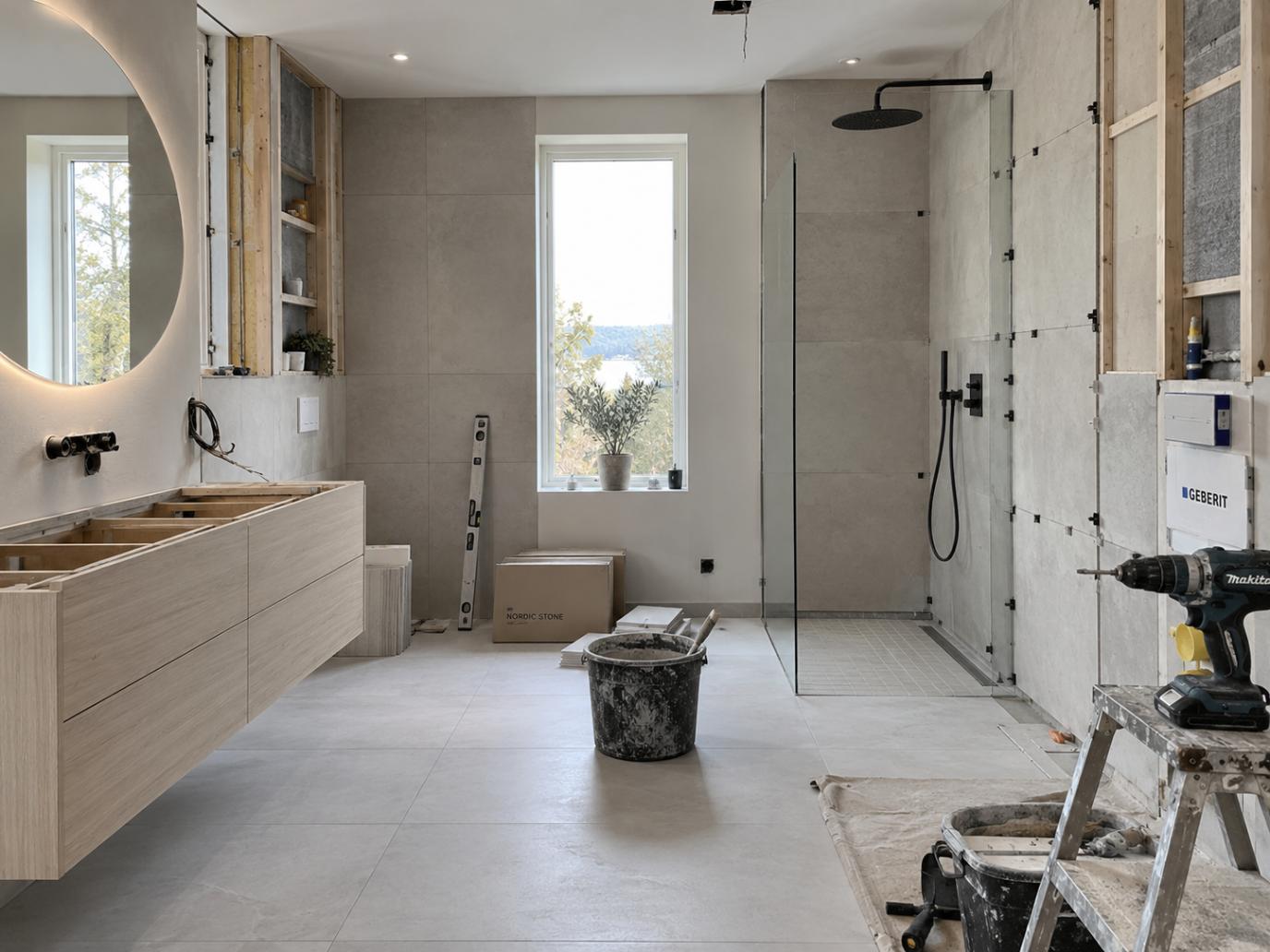 Pusse opp bad med moderne baderomsinnredning, flislegging, rørarbeid og komplett totalrenovering under oppussing.